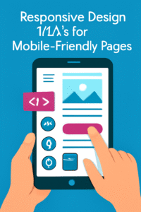 "Illustration showing responsive design tips for mobile-friendly pages on a tablet, with design elements like icons, text, and a pink call-to-action button, emphasizing modern web design principles and mobile optimization techniques."