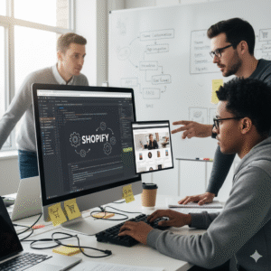 A team of developers collaborating on a Shopify project, working on code and store design in a modern office environment.