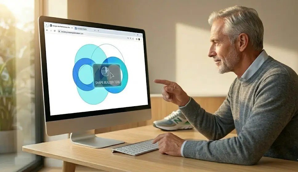 Focused photographic close-up of a monitor on a light-wood desk, visualizing overlapping blue and cyan Golden Ratio circles that are actively being merged by the Shape Builder tool to construct a shoe logo