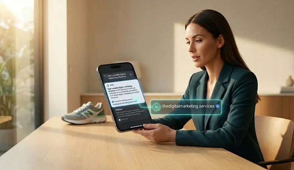 Confident photographic close-up of an entrepreneur viewing a synthesis of an AI Google search result on a smartphone, highlighting a glowing citation node for thedigitalmarketing.services.