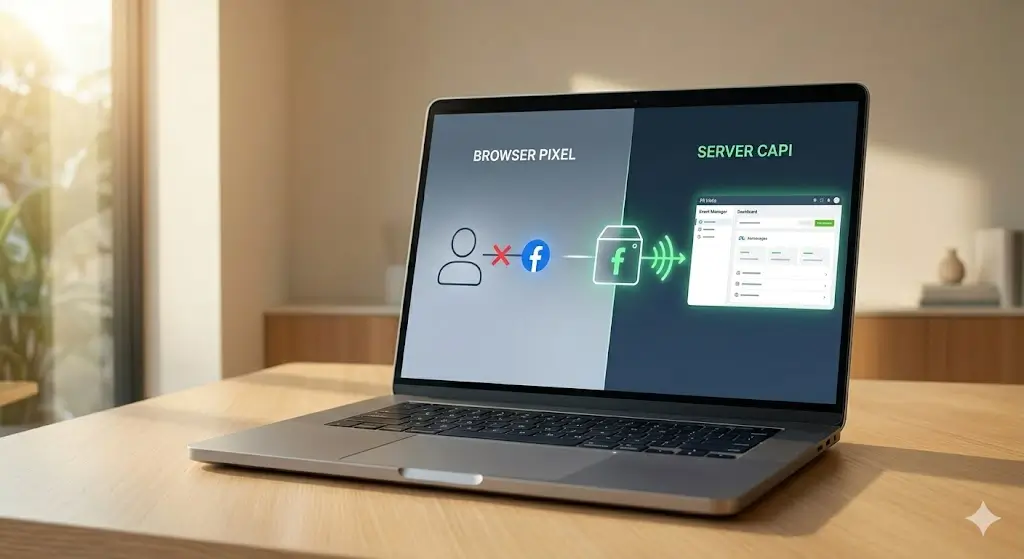 Close-up photographic view of a laptop screen displaying a comparison diagram of browser pixel blocking vs. successful Meta CAPI server-side tracking.