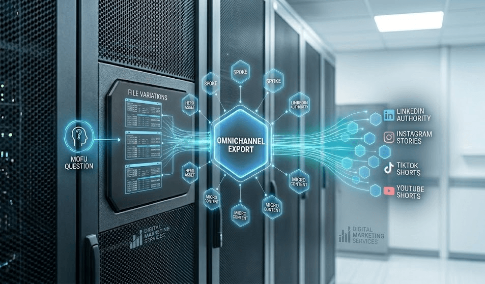 Focused photographic close-up of a server rack console with a glowing hexagonal 'OMNICHANNEL EXPORT' unit actively branching data pathways (labeled YouTube, LinkedIn, Instagram) analyzed by an AI tool discover 'AUDIENCE MOFU INTENT', validated by 'DIGITAL MARKETING SERVICES' logo.