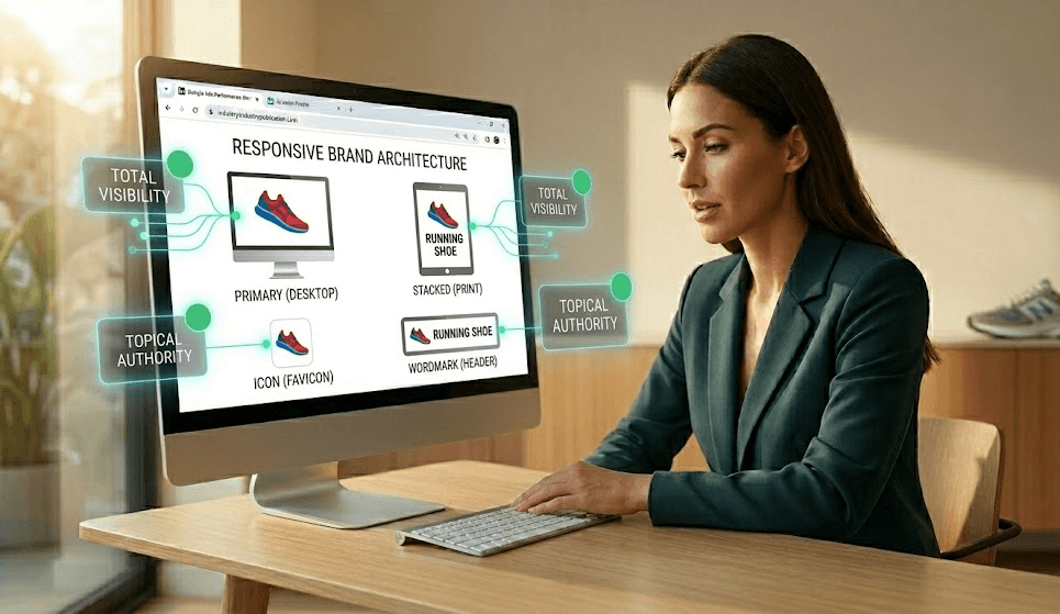 Focused photographic close-up of a monitor on a light-wood desk, visualizing multiple Artboards in Illustrator to create a 4-tier responsive logo system: Primary, Stacked, Icon, and Wordmark, in a sunlit modern office.