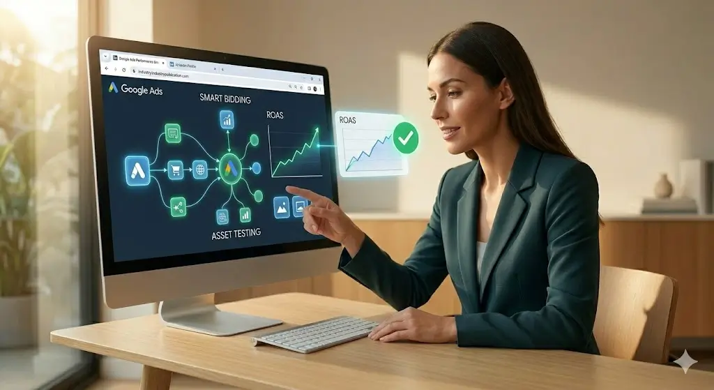 Focused photographic view of a large monitor on a light-wood desk, visualizing an automated Google Ads PMax dashboard with glowing blue and green data nodes for smart bidding and asset testing, on a light-wood desk in a sunlit modern office.