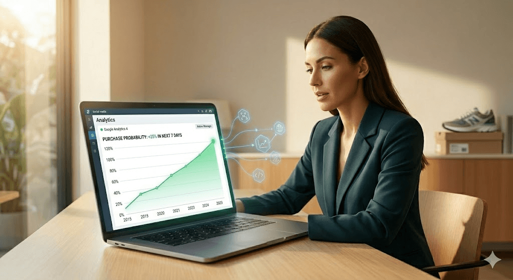 Focused photographic view of a laptop screen displaying a detailed Google Analytics 4 predictive analytics dashboard, glowing softly green, on a light-wood desk in a sunlit modern office.