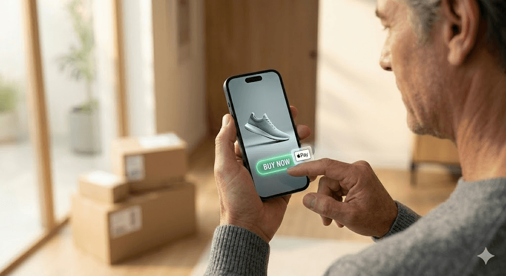 Close-up photographic view of a customer using a smartphone to complete a one-click native purchase of running shoes within a social media video feed.