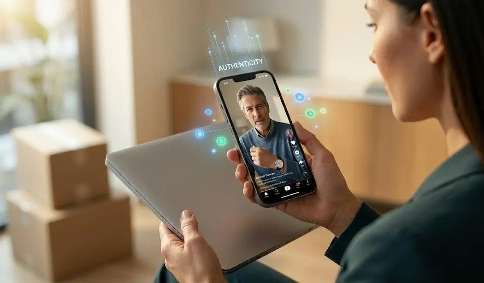 An over-the-shoulder photographic view of an entrepreneur watching an authentic, lo-fi unboxing video of running shoes on a smartphone, illustrating the dominance of UGC in Meta Ads.