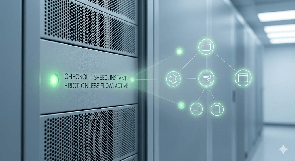 Focused macro photograph of a server rack panel displaying glowing green indicator lights for instant checkout and frictionless flow, crucial for optimizing Meta Ads.