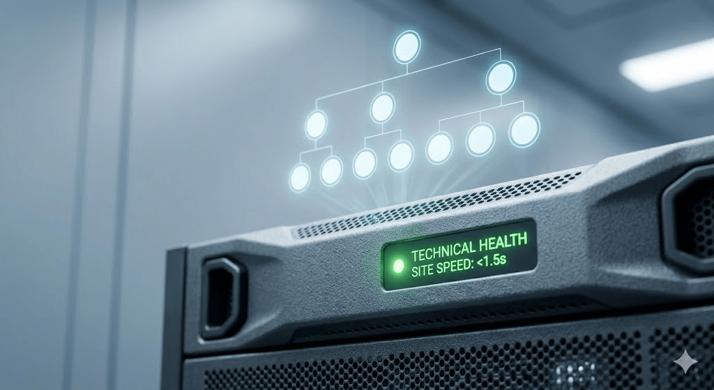 Focused macro photograph of a server rack panel displaying glowing green indicator lights for optimized site speed and healthy Core Web Vitals