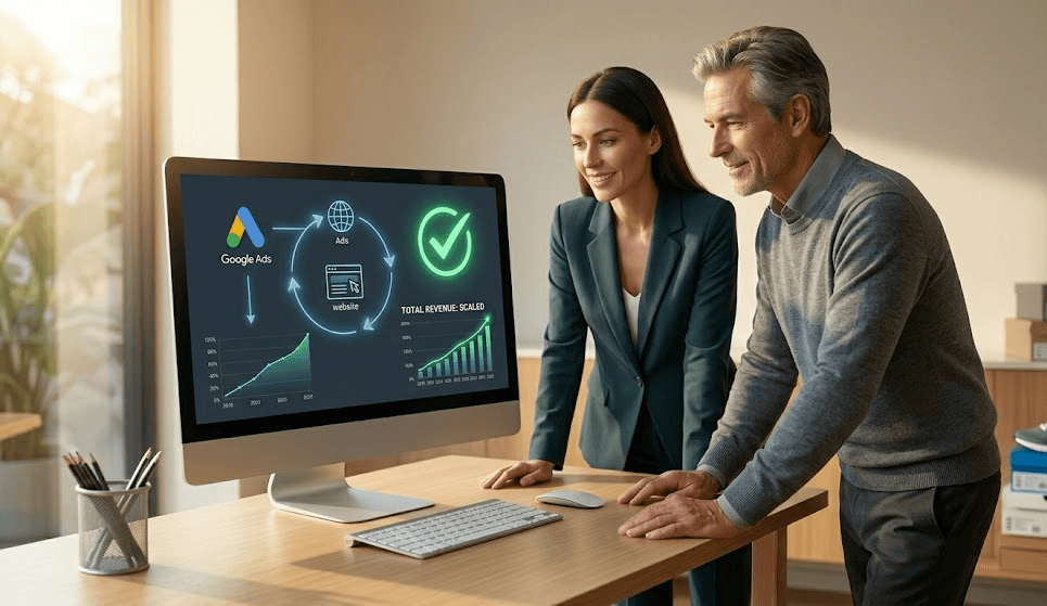 Confident, collaborative photographic view of two entrepreneurs at a synchronized multi-monitor desk, triumphantly observing aggressive upward revenue graphs on a large monitor.