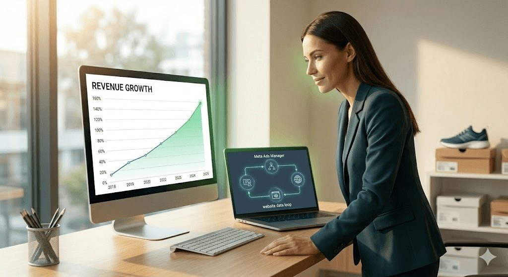 Confident female entrepreneur stands at a synchronized multi-monitor desk, triumphantly observing an aggressive upward revenue chart after learning how to optimize meta ads and a completed data loop, visualizing triumphant Meta Ads optimization.