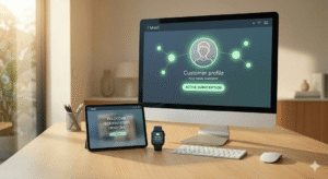A synchronized modern workspace displaying consistent personalized brand experiences, visualizing advanced digital marketing strategy and unified MaaS.