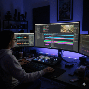 A person editing a video project on multiple monitors in a dimly lit workspace with blue ambient lighting.