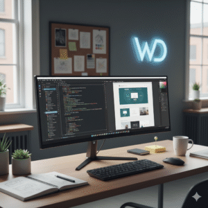 "Modern web design and development workspace with an ultrawide monitor displaying code and UI design layouts in a clean, minimalist office."