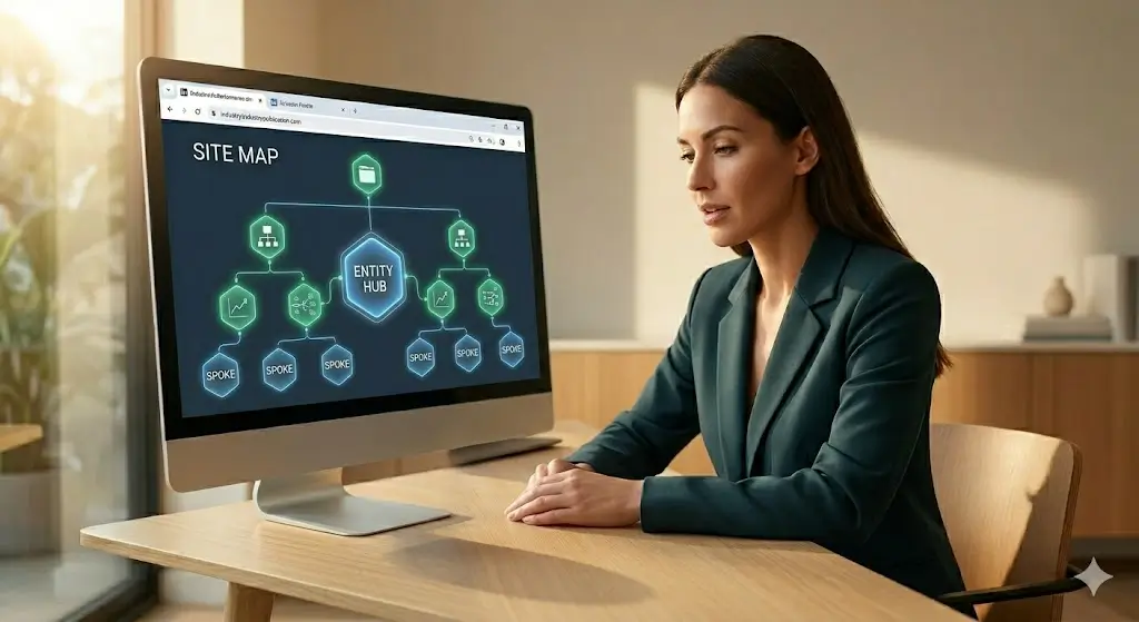 Focused photographic view of a large monitor on a light-wood desk, visualizing a flat conceptual Site Map showing glowing green authority nodes cascading from a central Entity Hub through a strictly interlinked hierarchy in a sunlit modern office.