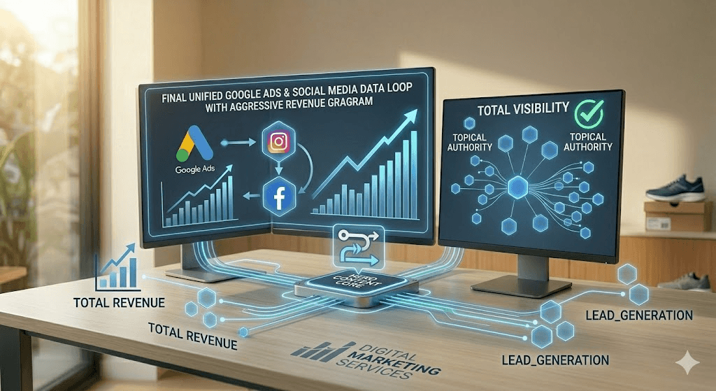 Collaborative visual of a desk with conceptual blue data nodes connecting complex data streams (Google Ads, Social Loop) fueling aggressive upward revenue graphs, labeled 'CLOSING THE CONVERSION LOOP' validated by 'DIGITAL MARKETING SERVICES' logo.
