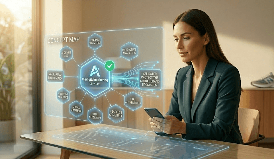 Focused photographic close-up of a holographic Concept Map on a light-wood desk, visualizing the central entity thedigitalmarketing.services with its finalized, trademarked vector logo and valid legal checkmark, connected to authoritative global brand databases.