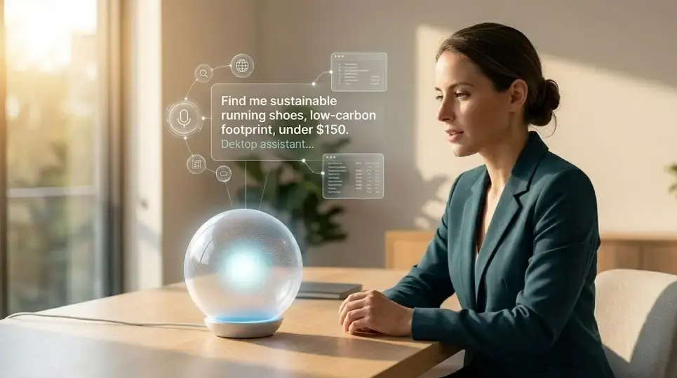 An analytical woman in a modern office interrogating an AI assistant, visualizing modern intent-capture digital marketing trends.