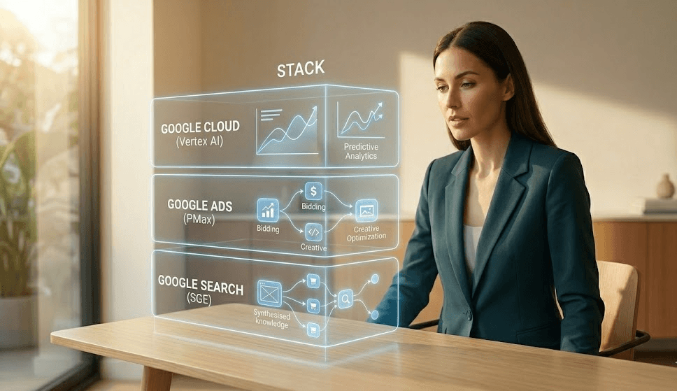 Focused photographic view of a large holographic three-tier stack displaying Search SGE, Ads PMax, and Cloud Vertex AI nodes, on a light-wood desk in a sunlit modern office.