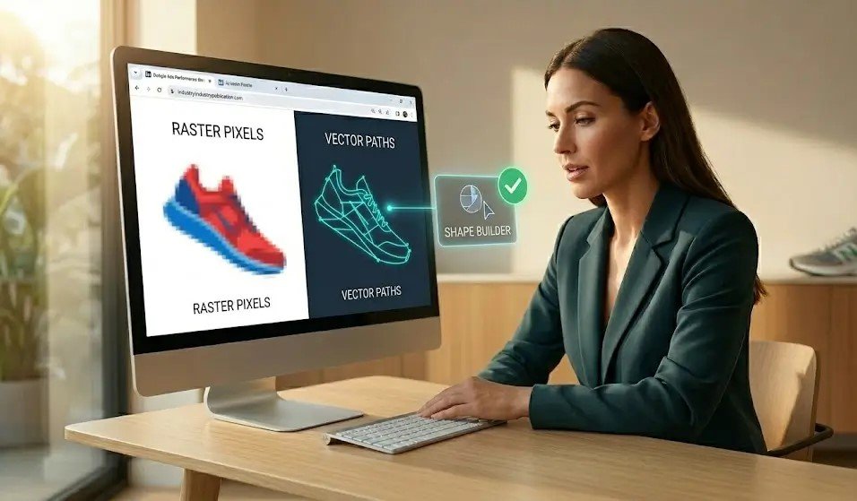 Focused photographic close-up of a monitor on a light-wood desk, visualizing a split screen: one blurred Raster Pixel shoe logo vs. one sharp Vector Path mathematical construction.