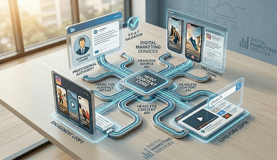 Focused photographic close-up of a central 'HERO CONTENT CORE' glowing blueprint diagram branching into complex illustrated data paths (labeled LinkedIn, Instagram, YouTube) on a light-wood desk, validated by 'DIGITAL MARKETING SERVICES' logo.