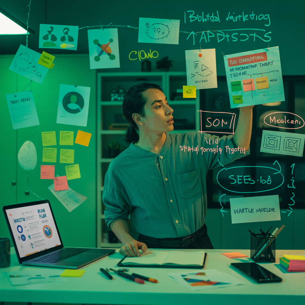 A person works on a creative project, surrounded by sticky notes, sketches, and digital notes on a glass board. A laptop and markers are on the desk