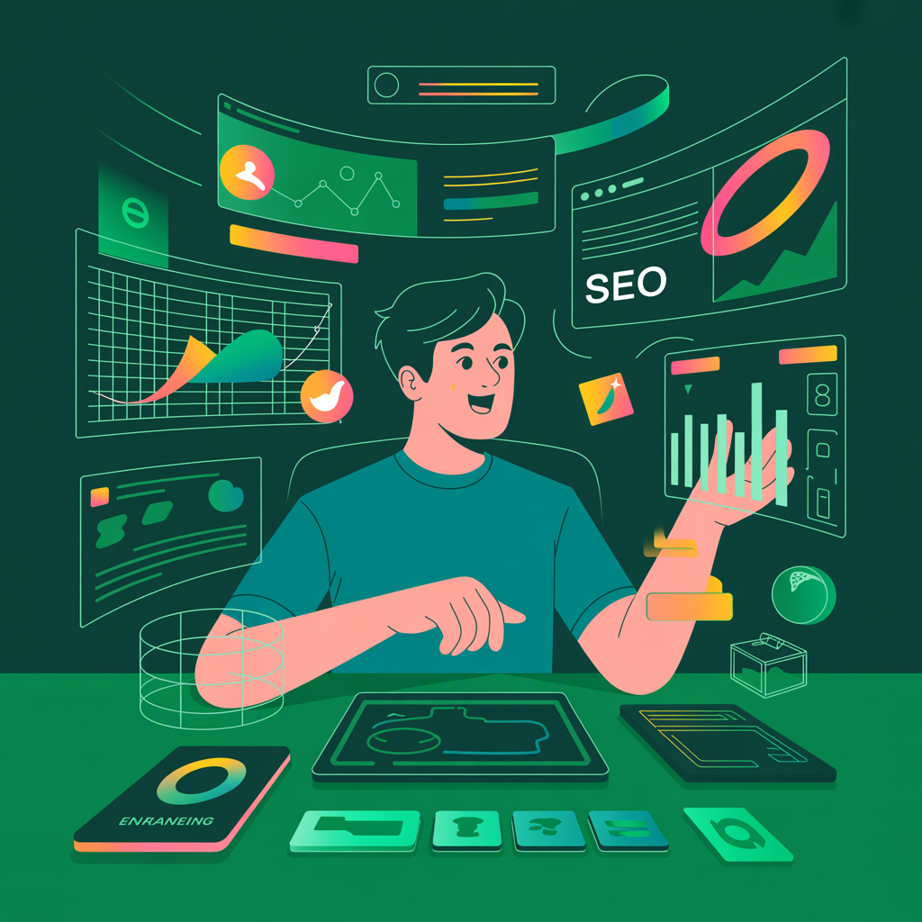 A digital illustration of a person interacting with floating graphs, charts, and SEO data on a futuristic interface, with tools and devices on the desk