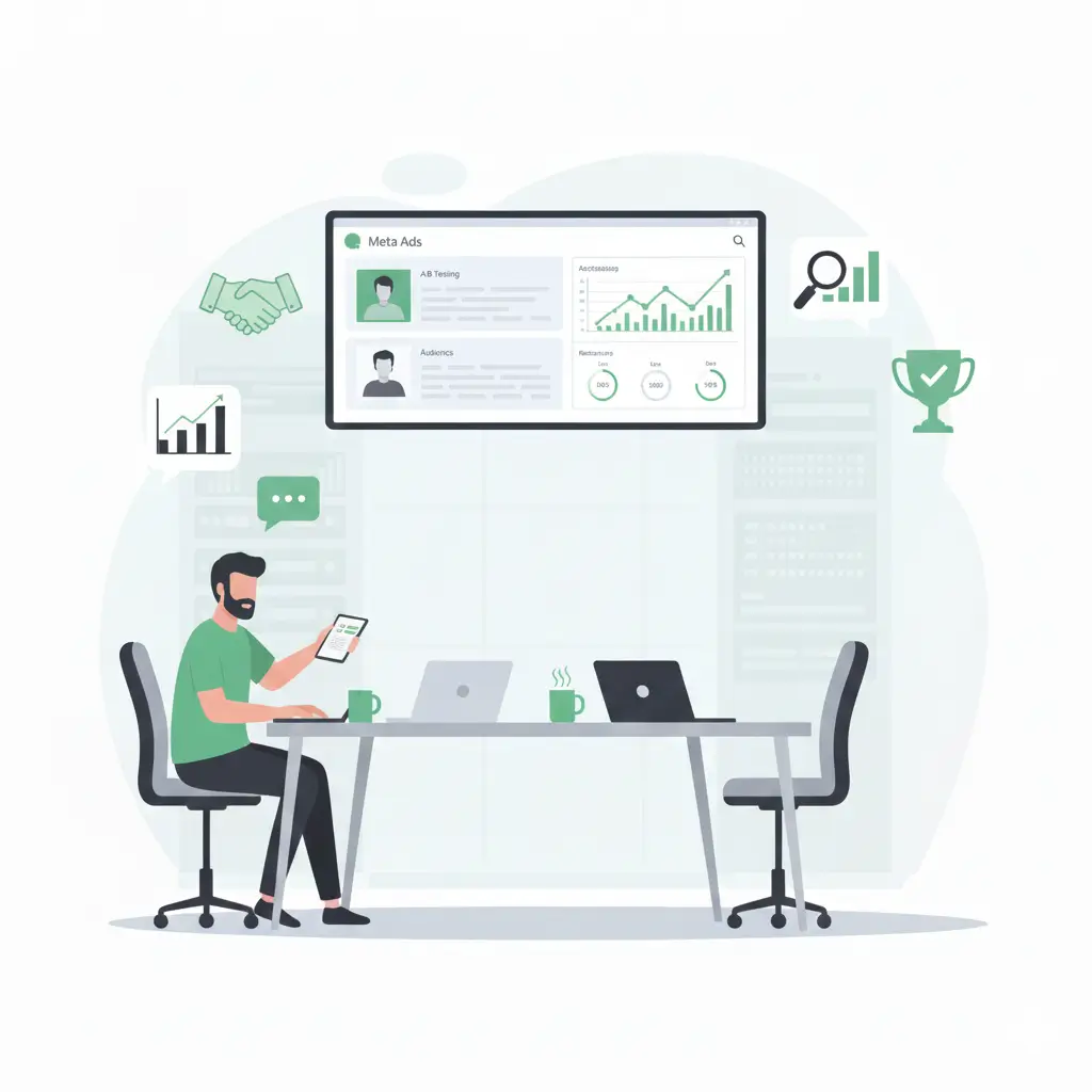 "Marketer analyzing Meta Ads performance data with audience insights and A/B testing results on digital dashboard"