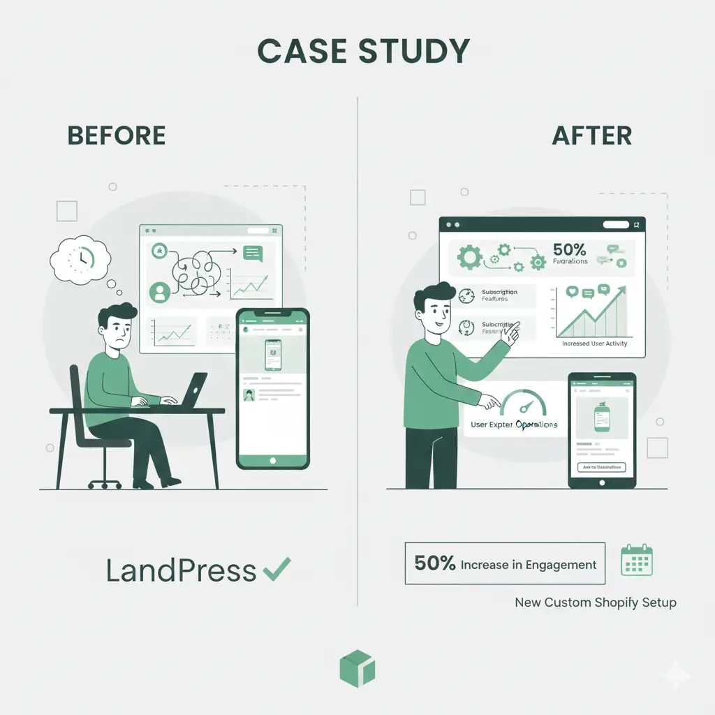 Before-and-after view of LandPress Shopify store showing 50% faster operations and higher engagement with custom Shopify setup.