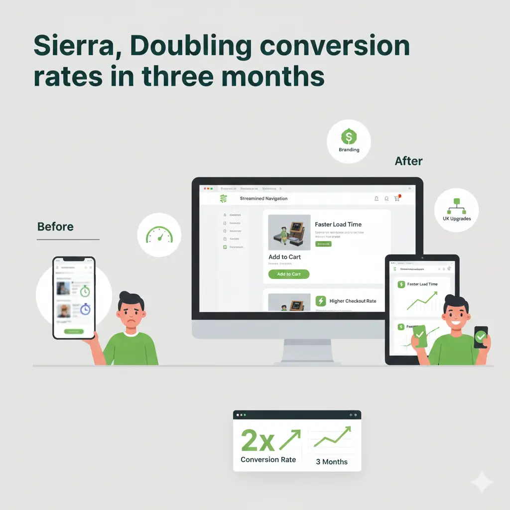 Before-and-after view of a Shopify store redesign showing 2x conversion rate growth in 3 months with UI upgrades and faster checkout.