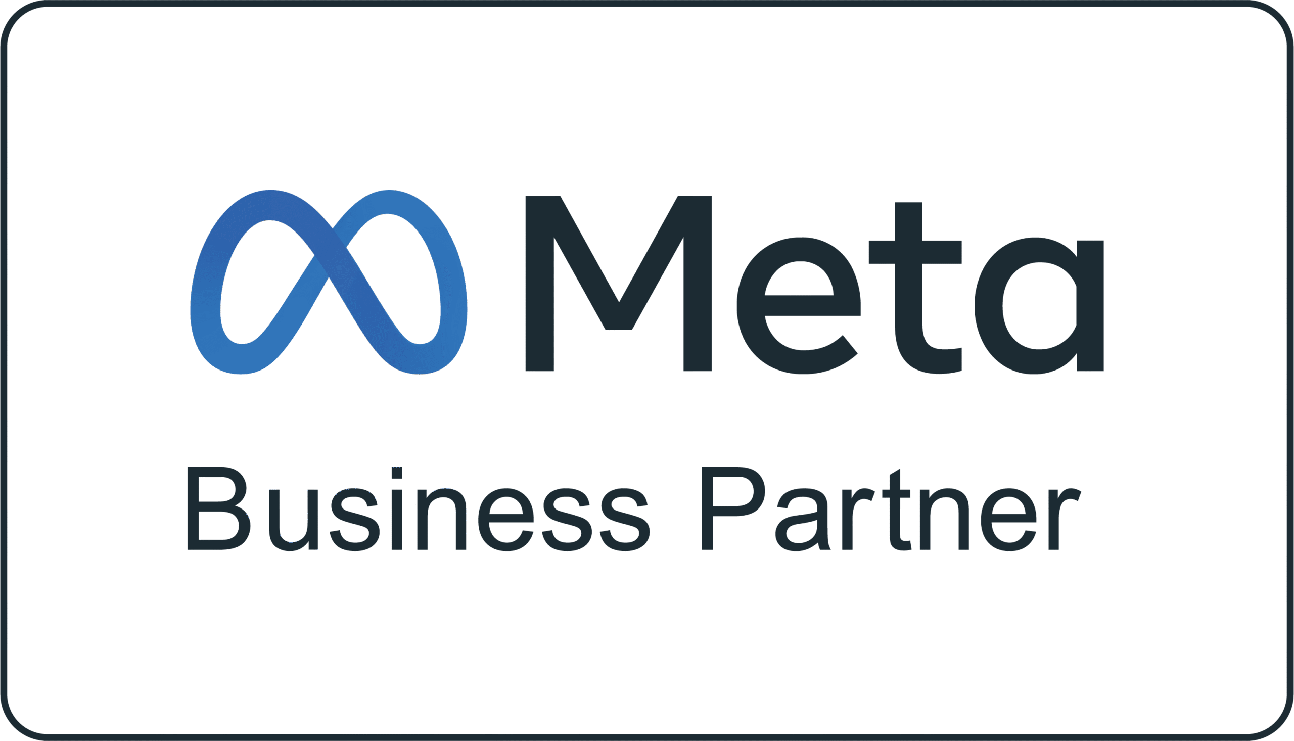 Meta Business Partner logo, featuring the blue infinity-loop symbol next to the word 'Meta' in gray, with the words 'Business Partner' below, all on a black background.