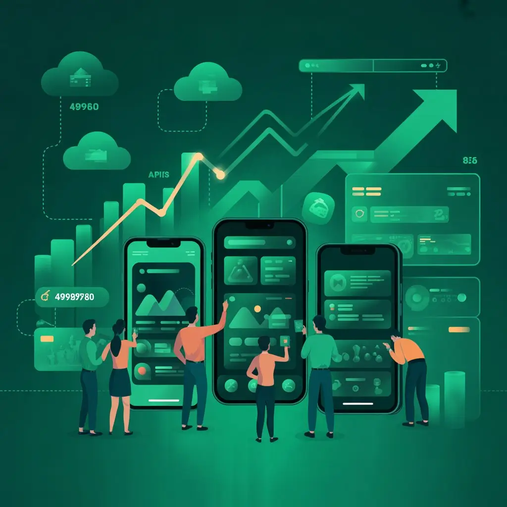 Users interacting with mobile analytics dashboards on smartphones, surrounded by data visualizations, cloud APIs, and growth charts