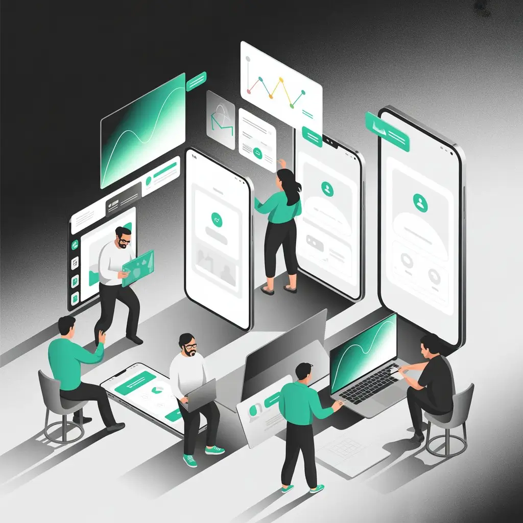 Team of developers and designers working on mobile app interfaces and data visualizations in a collaborative digital environment