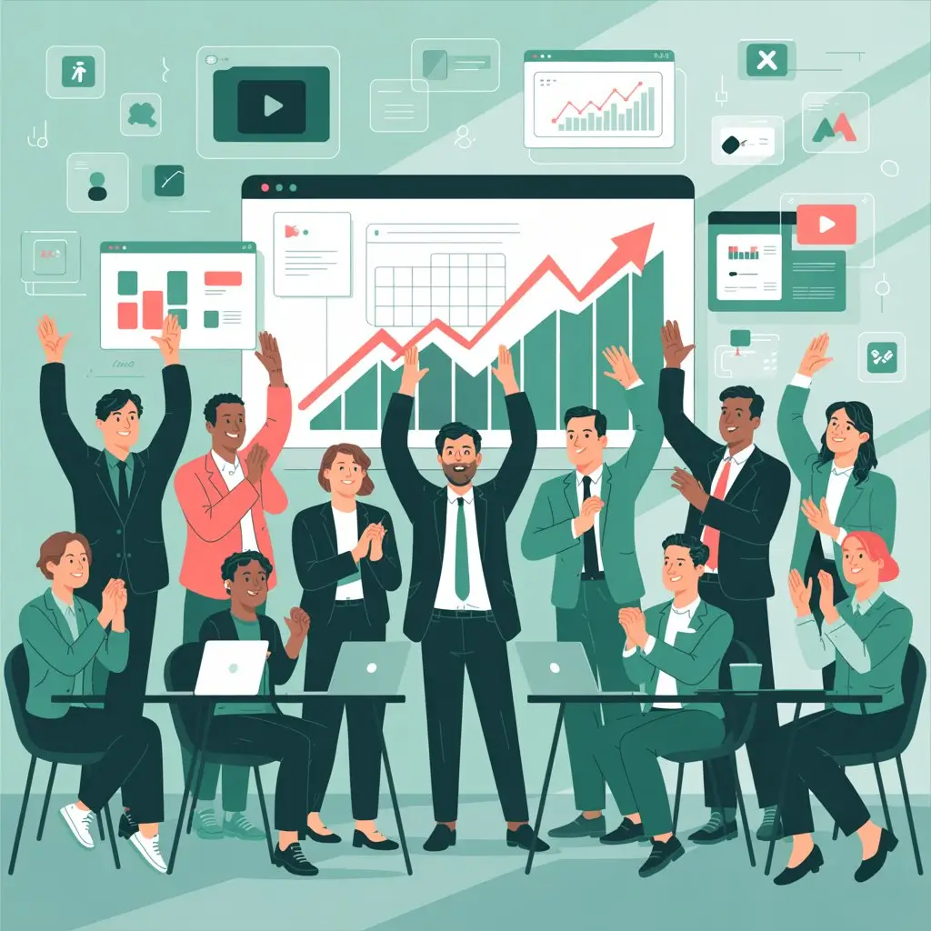 Business team celebrating growth with upward graphs and video marketing dashboards, symbolizing success and thriving community.