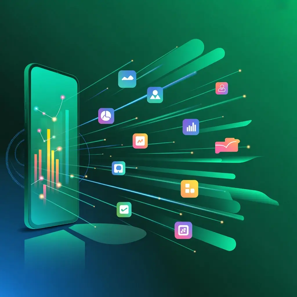 Abstract mobile phone interface visualizing data analytics with colorful app icons and digital elements streaming outward