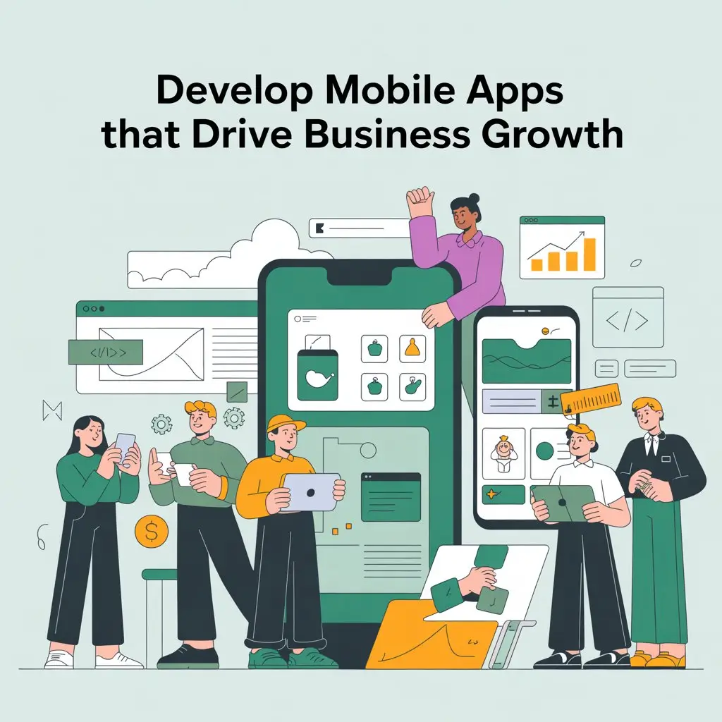 Illustration of diverse team building mobile apps on various devices, showcasing UI design, coding, and data analytics to represent business growth through mobile app development.